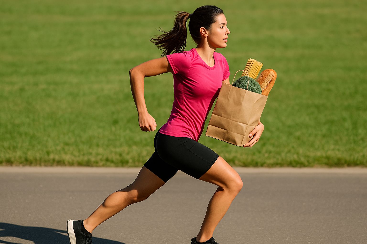 Färgglad glutenfri matkasse för löpare med färskvaror och löparskor.